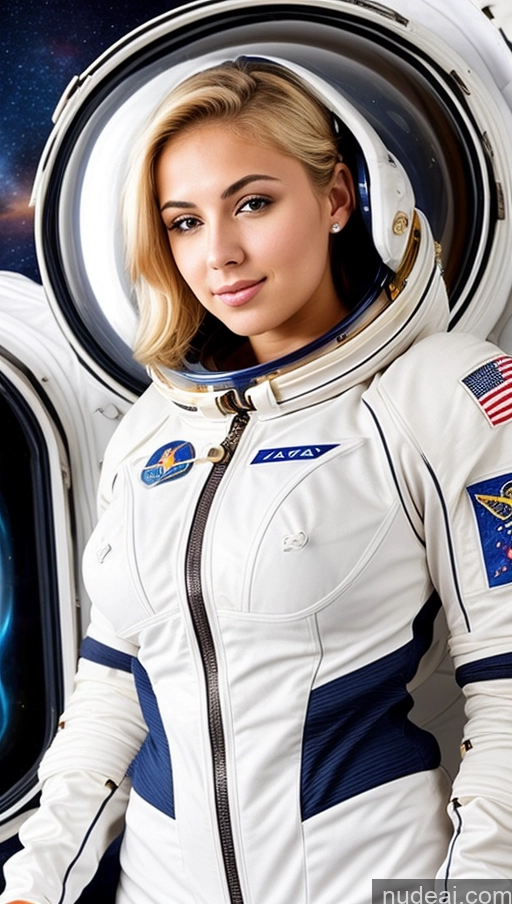 ai nude image of arafed woman in a white space suit standing in front of a window pics of Blonde Slicked Egyptian 18 Busty Space Suit