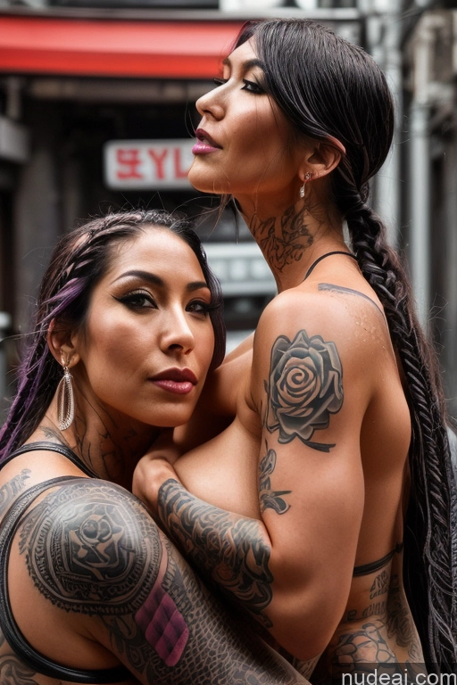 ai nude image of there are two women with tattoos on their arms and one is holding a man pics of Huge Boobs Tattoos Muscular Big Ass Abs Tall Perfect Body Tanned Skin Oiled Body 20s Seductive Purple Hair Braided Asian Cyberpunk Street Front View Nude Devil Detailed Fairer Skin Esther