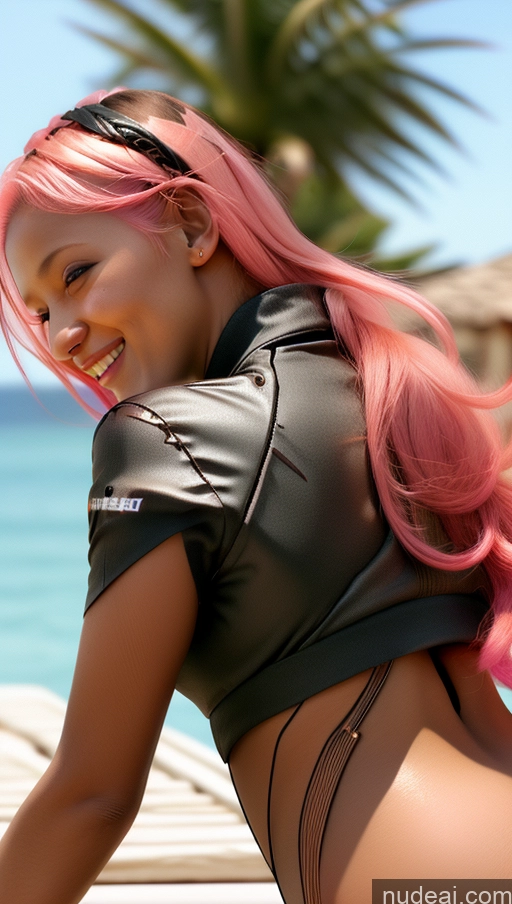 ai nude image of blond woman with pink hair posing on a beach with a surfboard pics of Tanned Skin Dark Skin Greek Afingering Huge Tits, Hard Nipples Pink Hair Futuristicbot V2 Phoenixdress Happy Perfect Boobs Small Ass Bra Pull Down