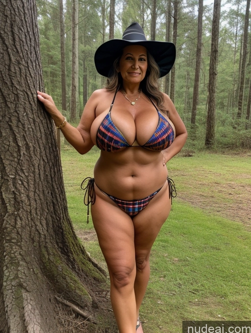 ai nude image of arafed woman in a bikini and hat leaning against a tree pics of Milf One Busty Huge Boobs Thick Tanned Skin 70s Front View Microkini Thong Native American Lumberjack Witch