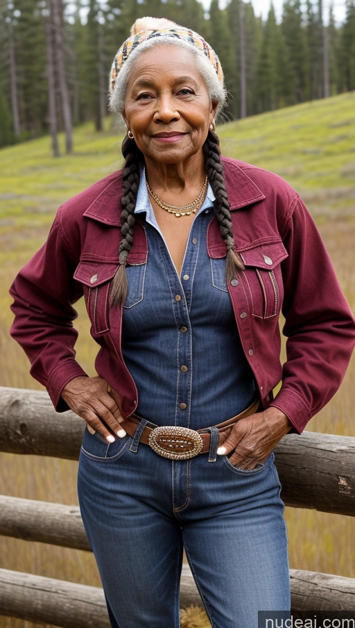 ai nude image of smiling woman in denim outfit standing in front of a fence pics of Abs 80s Dark Skin Muscular Western Braided Thick Short Lumberjack Hat Jeans Native American Jacket