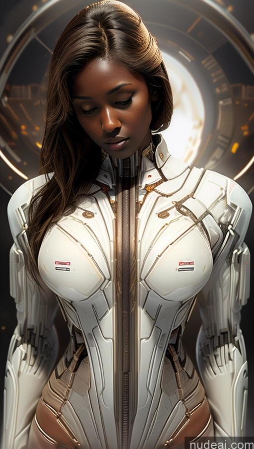 ai nude image of arafed woman in a futuristic suit with a clock in the background pics of Perfect Boobs Tanned Skin Dark Skin Serious Blonde Greek Space Suit Suspender Belt Afingering Futuristicbot V2 Phoenixdress Huge Tits, Hard Nipples Partially Nude