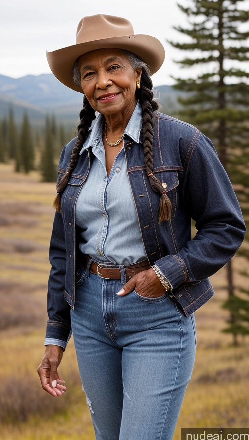 ai nude image of smiling woman in cowboy hat and jeans standing in a field pics of Abs 80s Dark Skin Muscular Western Braided Thick Short Lumberjack Hat Jeans Native American Jacket