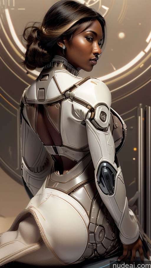 ai nude image of there is a woman in a futuristic suit sitting on a table pics of Perfect Boobs Tanned Skin Dark Skin Blonde Greek Straddling Space Suit Suspender Belt Afingering Futuristicbot V2 Phoenixdress Huge Tits, Hard Nipples