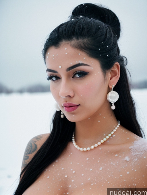 ai nude image of araffe woman with a pearl necklace and pearl earrings in the snow pics of Two Woman Beautiful Tattoos Thick 20s Pouting Lips Black Hair Pigtails Indian Snow Front View Transparent Cleavage Pearl Jewelry Bright Lighting Detailed Film Photo