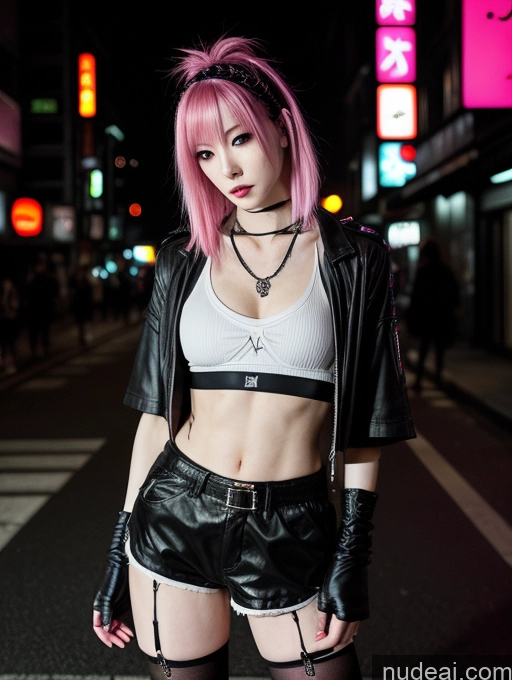 related ai porn images free for Abs Skinny Fairer Skin Japanese Pink Hair Cyberpunk Street Short Shorts Dark Lighting Goth