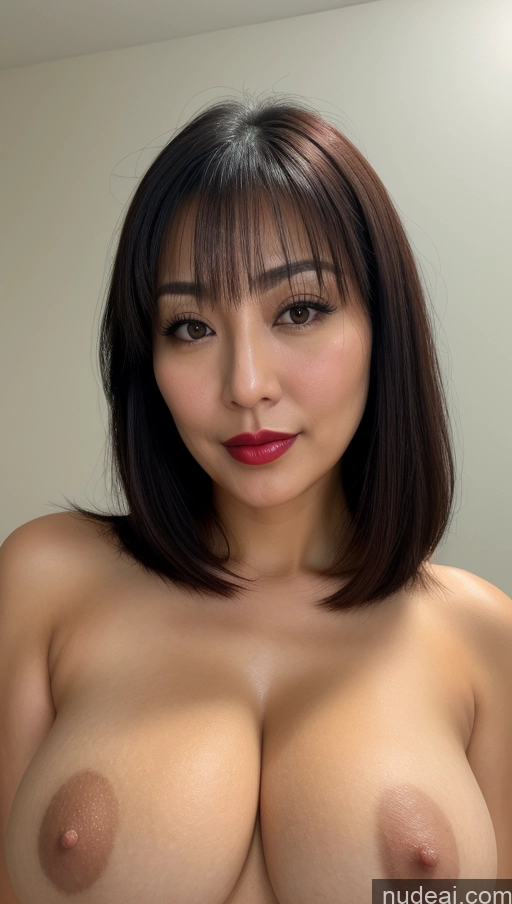 ai nude image of arafed asian woman with big breastes posing for a picture pics of Woman One Beautiful Lipstick Black Hair Close-up View Thick Japanese Bobcut 40s Busty Perfect Boobs