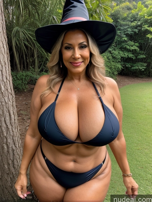 ai nude image of arafed woman in a black bikini and a witch hat pics of Milf One Busty Huge Boobs Thick Tanned Skin Front View Microkini Thong 70s Brazilian Witch Lumberjack