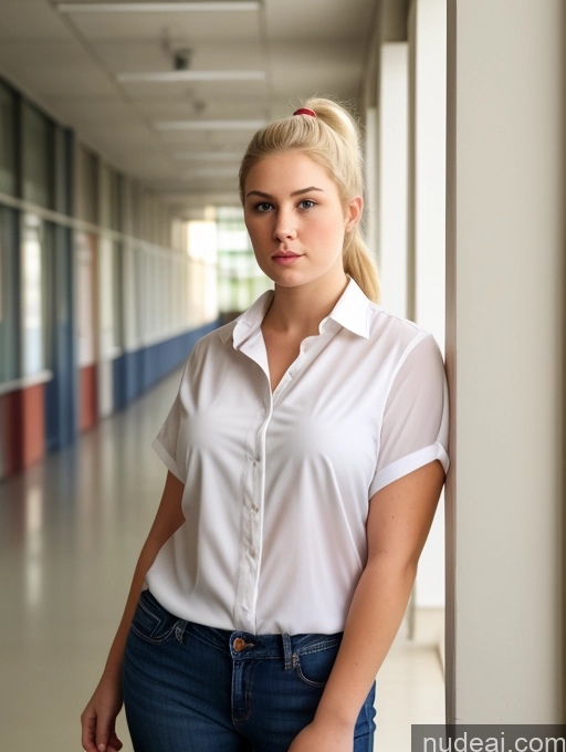 related ai porn images free for One Chubby Short Fairer Skin School Hallway 18 Blonde Front View Bright Lighting Detailed Thick Serious Blouse Jeans Ponytail White