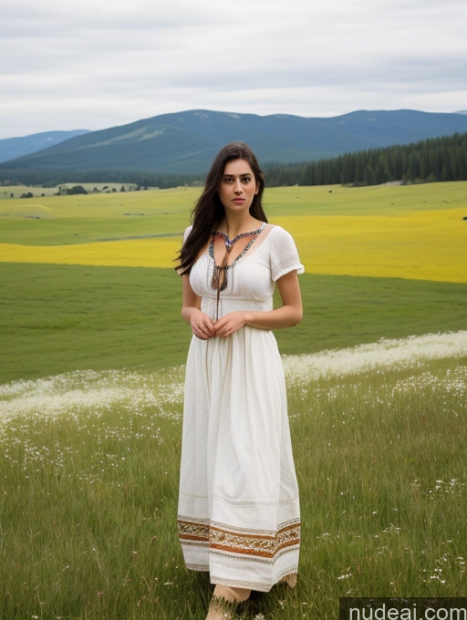 ai nude image of arafed woman in a white dress standing in a field of flowers pics of One Small Tits Native American Pubic Hair Traditional Fairer Skin Black Hair 20s Skinny Meadow Sexy Face