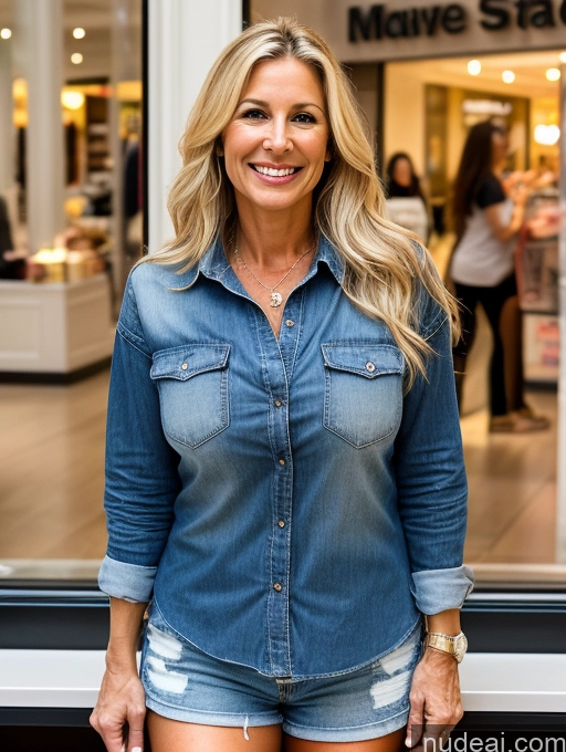 ai nude image of blond woman in denim shirt and shorts standing in front of a store pics of Milf 40s Spanish Blonde Huge Boobs One Long Hair Happy Front View Eating Casual Mall