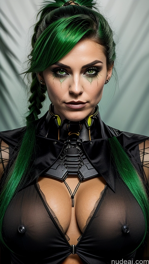 ai nude image of arafed woman with green hair and a black top with a green and black hair pics of Perfect Boobs Pubic Hair Tanned Skin French Halloween Futuristicbot V2 Green Hair Huge Tits, Hard Nipples Ponytail