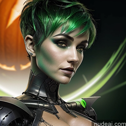 ai nude image of arafed woman with green hair and a futuristic costume pics of Perfect Boobs Tanned Skin French Halloween Futuristicbot V2 Green Hair Huge Tits, Hard Nipples Pixie Close-up View