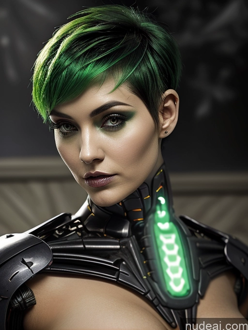 ai nude image of arafed woman with green hair and a futuristic suit posing for a picture pics of Perfect Boobs Tanned Skin French Halloween Futuristicbot V2 Green Hair Huge Tits, Hard Nipples Pixie Close-up View