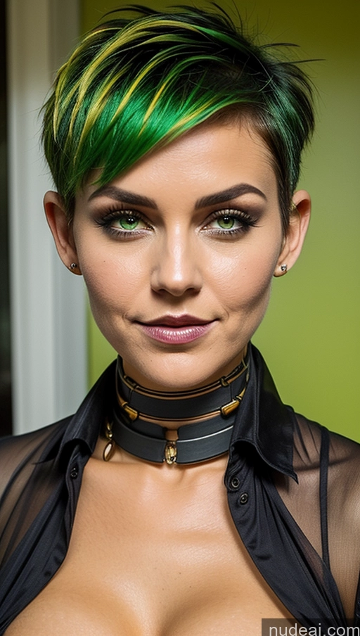 ai nude image of arafed woman with green hair and a choke and choker pics of Perfect Boobs Tanned Skin French Halloween Futuristicbot V2 Green Hair Huge Tits, Hard Nipples Pixie Close-up View Pubic Hair