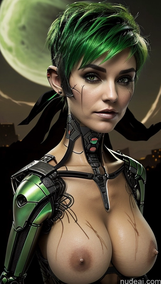 ai nude image of a close up of a woman with green hair and a sci - punk look pics of Perfect Boobs Tanned Skin French Halloween Futuristicbot V2 Green Hair Huge Tits, Hard Nipples Pixie Pubic Hair