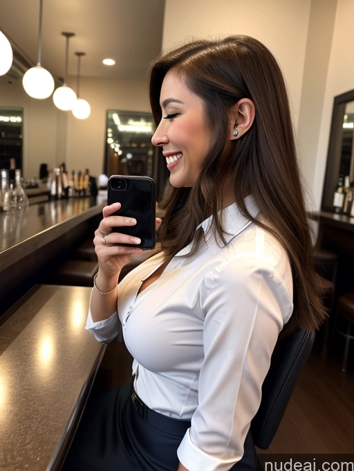 ai nude image of woman in a white shirt and black skirt looking at her cell phone pics of Woman One Busty Perfect Boobs Long Legs Big Ass 20s Brunette Asian Mirror Selfie Happy Long Hair Bar Side View Flight Attendant