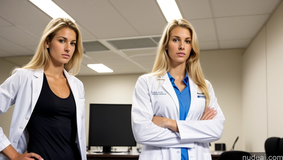 ai nude image of two women in lab coats standing in an office with their arms crossed pics of Long Legs Tall Serious White 18 Blonde Athlete Small Tits Skinny Long Hair Working Out Lab Coat One Office Front View