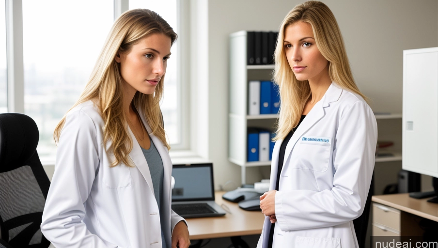 ai nude image of two women in lab coats standing in front of a computer pics of Long Legs Tall Serious White 18 Blonde Athlete Small Tits Skinny Long Hair Working Out Lab Coat One Office Front View