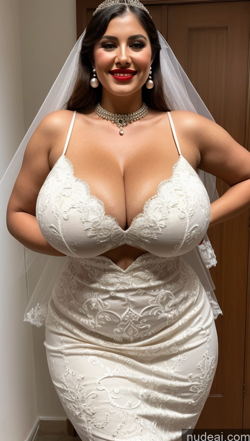 ai nude image of a close up of a woman in a wedding dress posing for a picture pics of Huge Boobs Perfect Boobs Thick Perfect Body Big Hips Big Ass Beautiful Pubic Hair Laughing Detailed Wedding Cleavage Lipstick Pearl Jewelry Spanish Traditional 60s