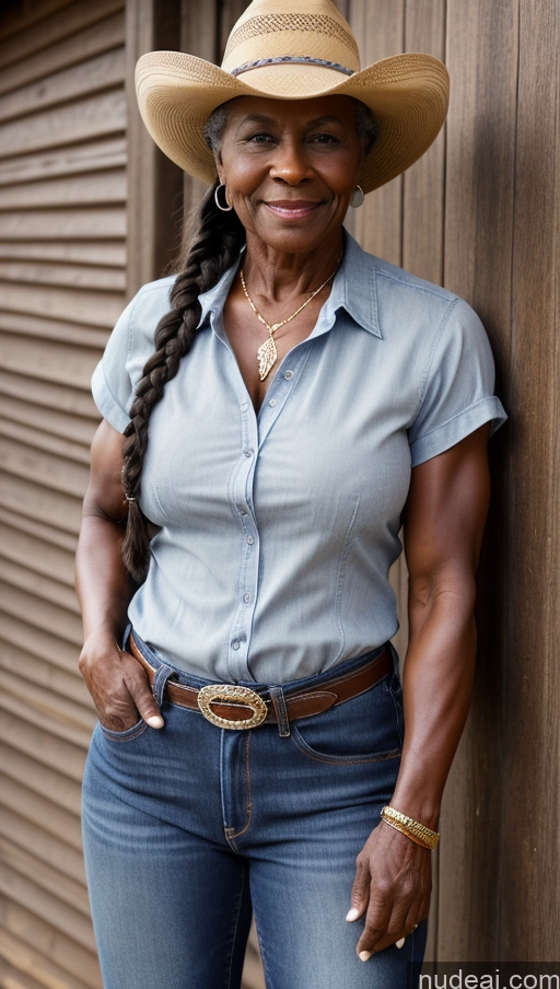 ai nude image of there is a woman wearing a hat and jeans posing for a picture pics of 80s Muscular Abs Dark Skin Braided Big Ass Big Hips Small Tits Jeans Shirt Western Hat Blouse