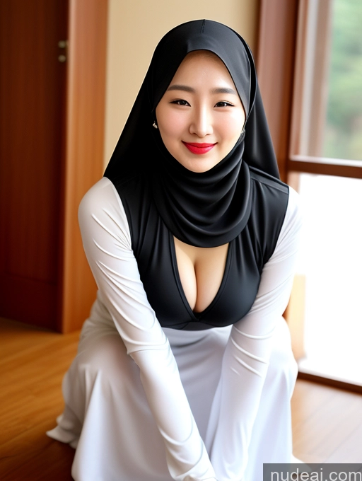 ai nude image of there is a woman in a black and white dress sitting on the floor pics of Squatting Model One Perfect Boobs Beautiful Lipstick Thick Short Perfect Body Fairer Skin 20s Orgasm Happy Korean Long Skirt Niqab Blouse Spandex Traditional Cleavage