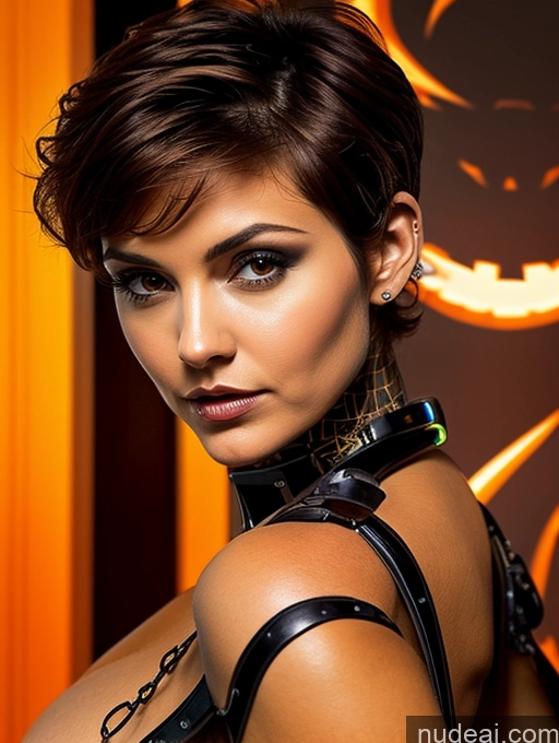 ai nude image of there is a woman with a leather top and a choke pics of Perfect Boobs Pubic Hair Tanned Skin Pixie French Halloween Futuristicbot V2 Huge Tits, Hard Nipples Brunette