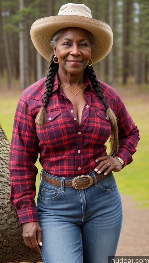 ai nude image of arafed woman in a hat and plaid shirt leaning against a tree pics of 80s Muscular Abs Dark Skin Braided Big Ass Big Hips Small Tits Jeans Shirt Western Hat Traditional Lumberjack