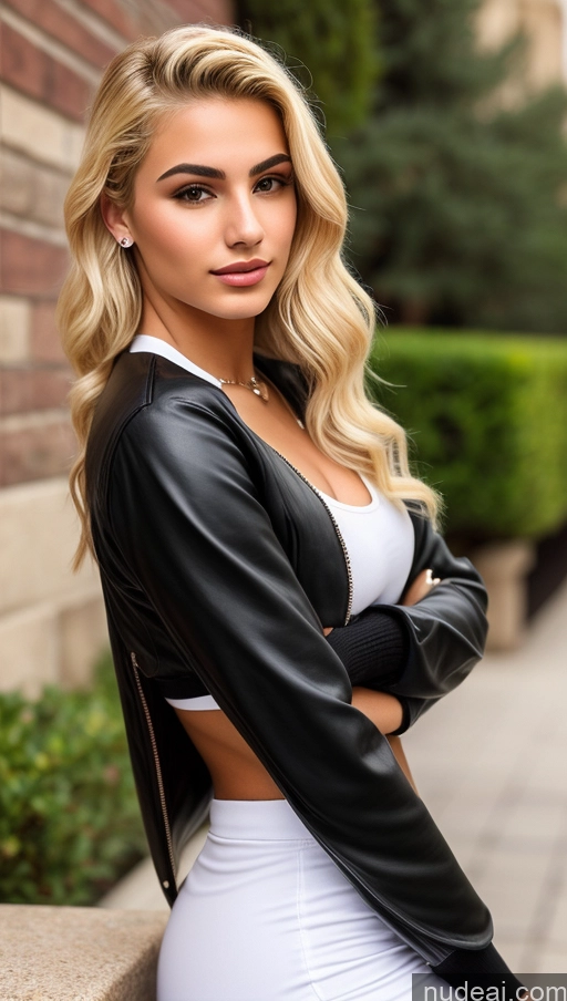 ai nude image of blonde woman in white dress and black jacket leaning against a brick wall pics of Egyptian 18 Blonde Slicked Stylish