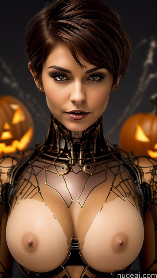 ai nude image of arafed woman in a costume with pumpkins and a spider web pics of Perfect Boobs Pubic Hair Tanned Skin Pixie French Halloween Futuristicbot V2 Huge Tits, Hard Nipples Brunette