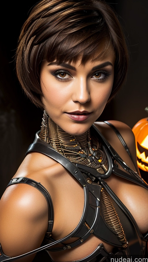 ai nude image of there is a woman in a leather outfit holding a pumpkin pics of Perfect Boobs Pubic Hair Tanned Skin French Halloween Futuristicbot V2 Huge Tits, Hard Nipples Close-up View Brunette Short Hair