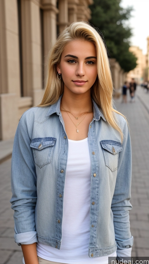 ai nude image of blond woman in white shirt and denim jacket standing on a city street pics of Casual 18 Egyptian Blonde Slicked