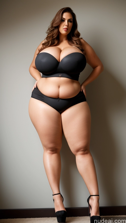 ai nude image of araffe woman in a black bra and high heels posing for a picture pics of Woman Busty Huge Boobs Big Ass Thick Chubby Big Hips 40s Seductive Sexy Face Tall Long Legs High Heels