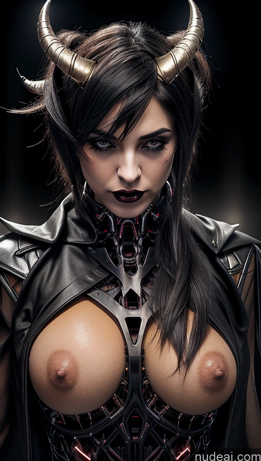 ai nude image of arafed woman with horns and a leather outfit posing for a picture pics of Perfect Boobs Pubic Hair Tanned Skin White Hair Ponytail French Close-up View Halloween Dark Lighting Futuristicbot V2 Huge Tits, Hard Nipples Succubus