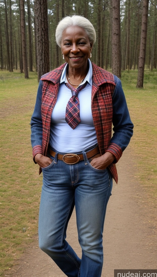 ai nude image of smiling woman in plaid shirt and tie standing in a wooded area pics of Muscular Abs Jeans Jacket Western Dark Skin 80s Braided Wedding Small Tits Tie Nilotic Short Lumberjack