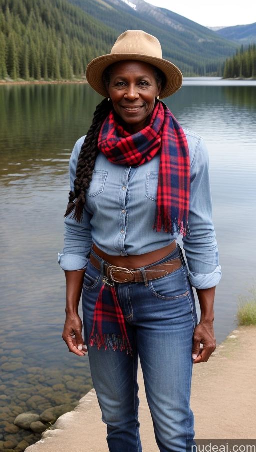 ai nude image of smiling woman in hat and scarf standing by a lake pics of Muscular Abs Jeans Western Dark Skin Braided Wedding Small Tits Nilotic Short Lumberjack Hat Scarf 70s Lake