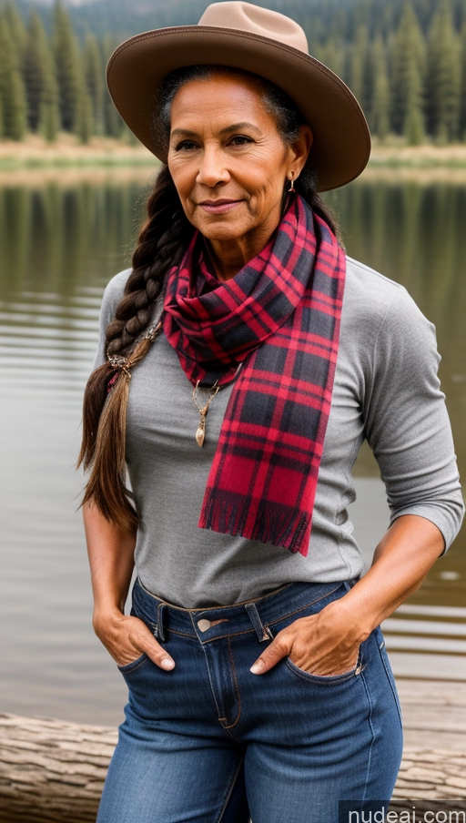 ai nude image of woman wearing a hat and scarf standing by a lake pics of Muscular Abs Jeans Western Dark Skin Braided Wedding Small Tits Short Lumberjack Hat Scarf 70s Lake Native American