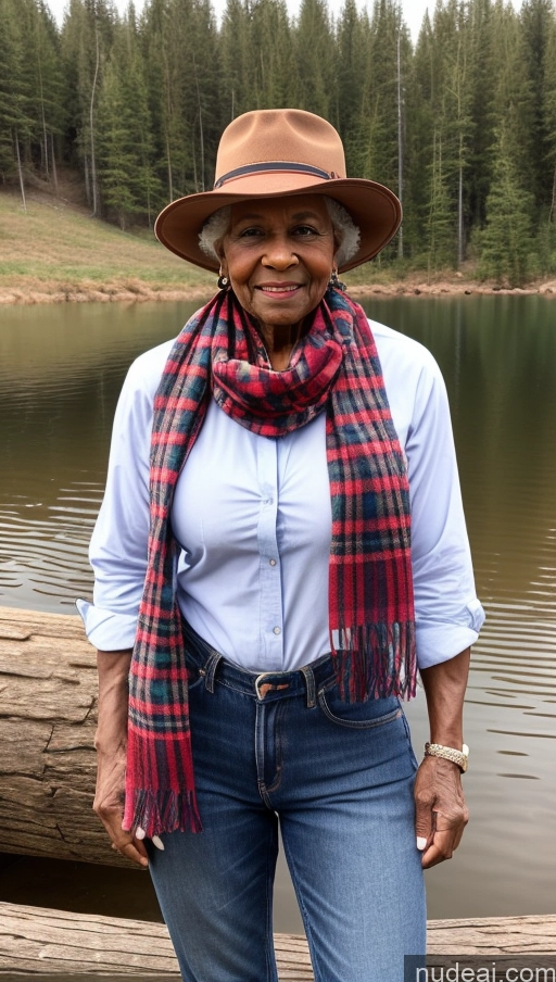 ai nude image of smiling woman in hat and scarf standing by a lake pics of Muscular Abs Jeans Western Dark Skin Braided Wedding Small Tits Short Lumberjack Hat Scarf Lake 80s