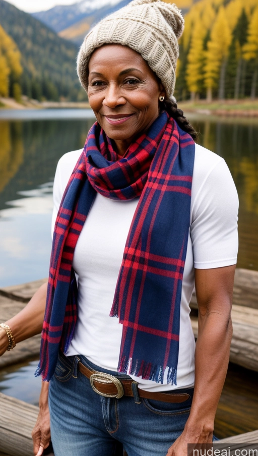 ai nude image of smiling woman in a hat and scarf standing on a dock pics of Muscular Abs Jeans Western Dark Skin Braided Wedding Small Tits Short Lumberjack Hat Scarf Lake 80s