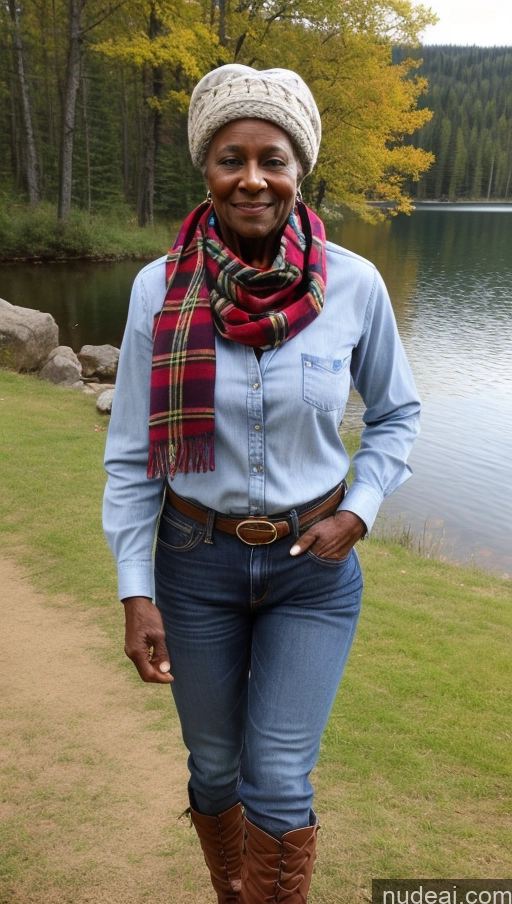 ai nude image of smiling woman in a hat and scarf standing by a lake pics of Muscular Abs Jeans Western Dark Skin Braided Wedding Small Tits Short Lumberjack Hat Scarf Lake 80s