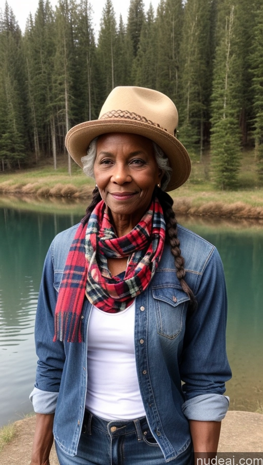 ai nude image of smiling woman in hat and scarf standing by a lake pics of Muscular Abs Jeans Western Dark Skin Braided Wedding Small Tits Short Lumberjack Hat Scarf Lake 80s