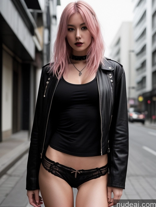 ai nude image of arafed woman with pink hair and black top standing on a city street pics of One Busty Small Tits Muscular Skinny Abs Fairer Skin Pink Hair Japanese Cyberpunk Street Short Shorts Goth Dark Lighting 18 Partially Nude