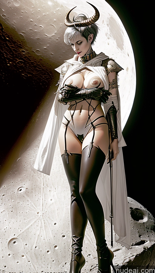 ai nude image of arafed woman in a white outfit and black boots standing on a rock pics of Perfect Boobs Pubic Hair Tanned Skin Pixie French Moon Close-up View Halloween Futuristicbot V2 Huge Tits, Hard Nipples Succubus White Hair