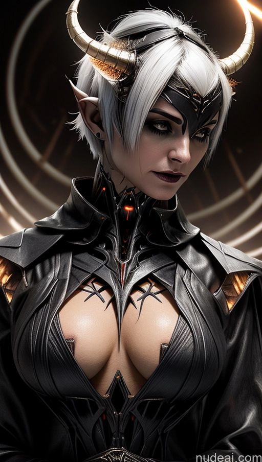 ai nude image of arafed woman in a black leather outfit with horns and a ring pics of Perfect Boobs Pubic Hair Tanned Skin Pixie French Close-up View Halloween Futuristicbot V2 Huge Tits, Hard Nipples Succubus White Hair Hell