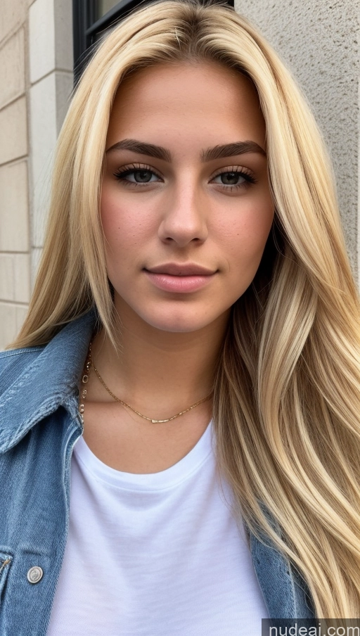 ai nude image of blonde woman with long hair wearing a white shirt and denim jacket pics of 18 Blonde Slicked Close-up View Detailed Egyptian Casual