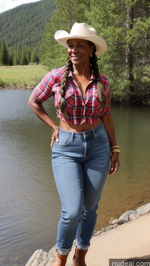 ai nude image of woman in cowboy hat standing on rock near water with trees in background pics of Muscular Abs Dark Skin Braided Short 80s Western Thick Big Hips Lake Lumberjack Jeans Hat Shirt Big Ass