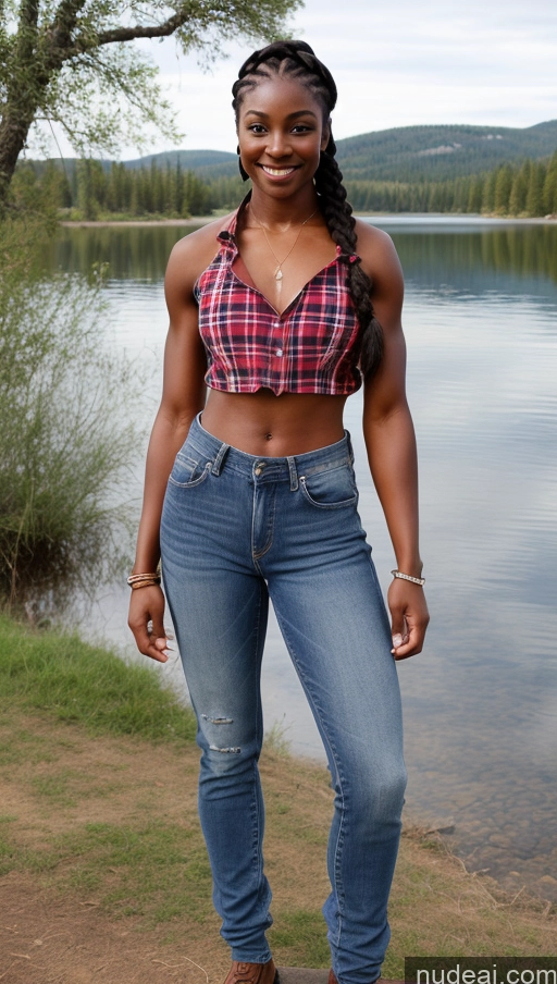 ai nude image of there is a woman standing on a rock by the water pics of Muscular Abs Dark Skin Braided Short Western Thick Big Hips Lake Lumberjack Jeans Shirt Big Ass 18