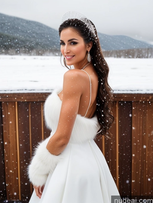 ai nude image of a woman in a white dress and fur stole standing in the snow pics of Miss Universe Model Small Tits Small Ass Muscular Skinny Perfect Body Pubic Hair 20s Sexy Face Brunette Long Hair Italian Close-up View Wedding Traditional Fur Bright Lighting Detailed Snow Dress Cooking