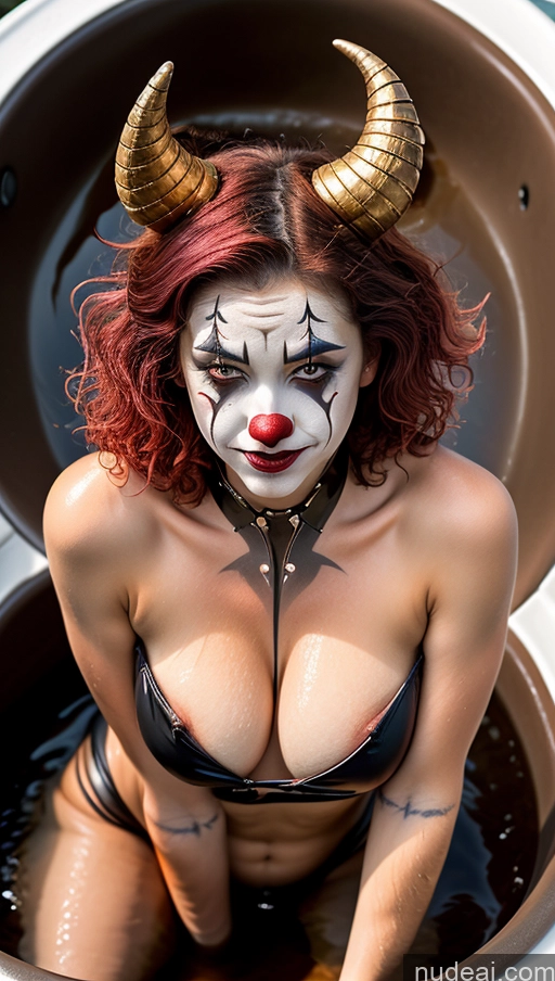 ai nude image of araffe woman with horns and makeup sitting in a pot pics of Perfect Boobs Pubic Hair Tanned Skin Pink Hair French Close-up View Clown Futuristicbot V2 Huge Tits, Hard Nipples Succubus Hot Tub