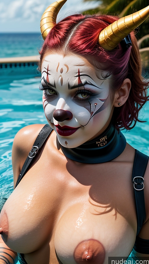 ai nude image of arafed woman with horns and makeup in a pool pics of Perfect Boobs Pubic Hair Tanned Skin Pink Hair French Close-up View Clown Futuristicbot V2 Huge Tits, Hard Nipples Succubus Pool